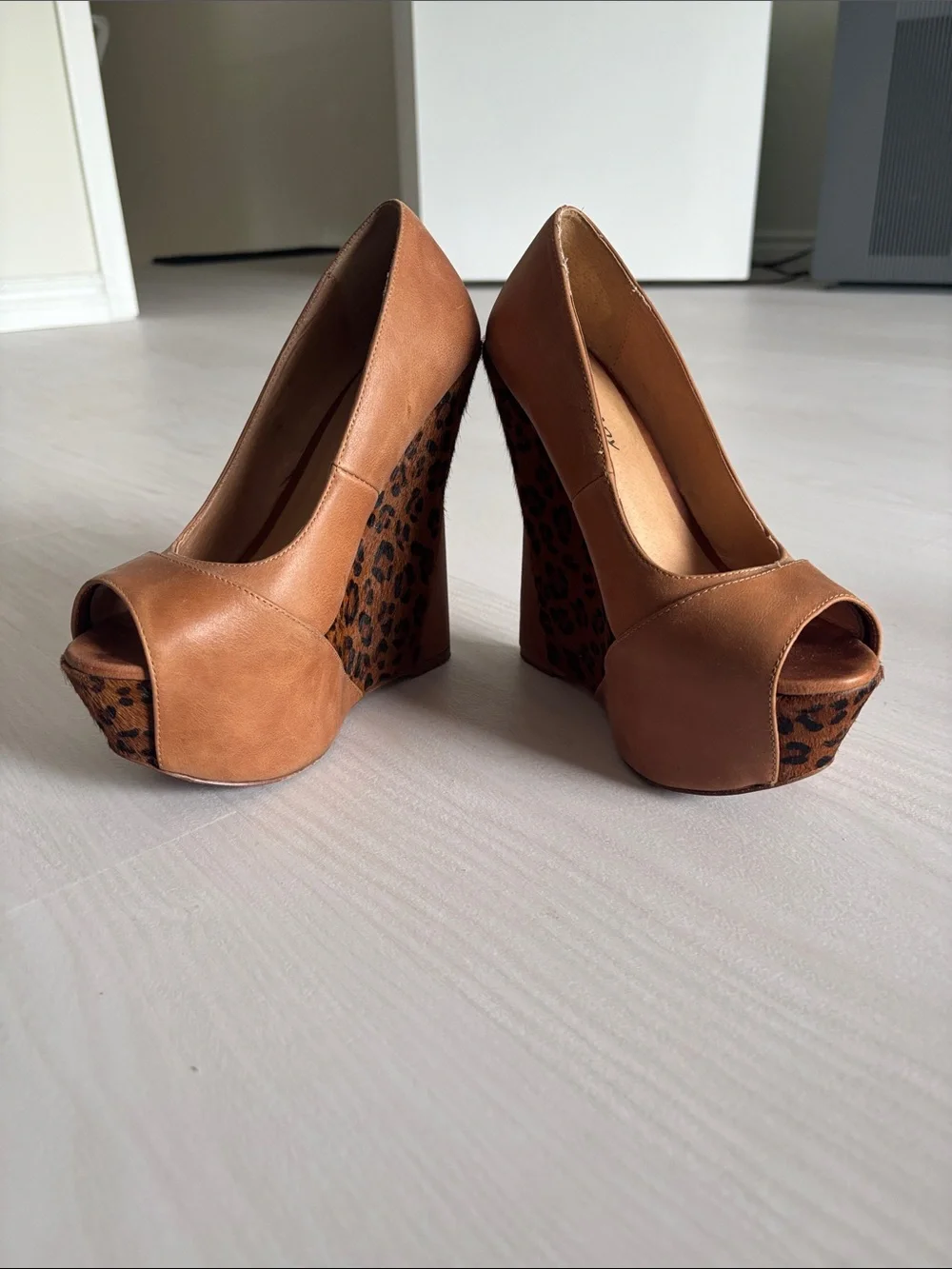 Tan Peep-Toe Platform Heels with Leopard Accent